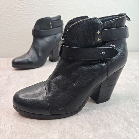 Rag & Bone Ankle Boots Womens Size 6.5 Black Leather Edgy Moto Block Heel Bootie - Picture 1 of 11